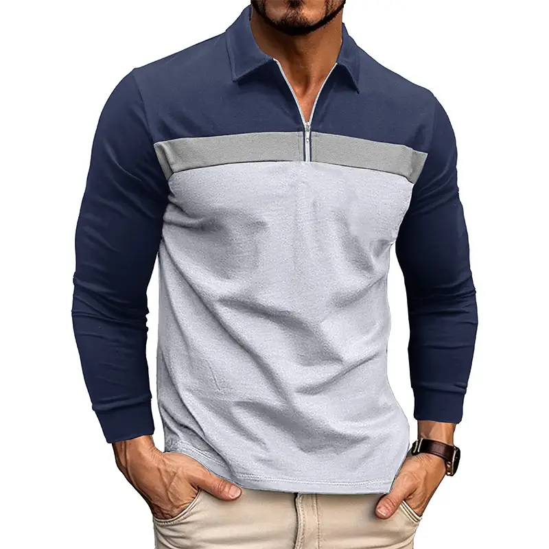 Polo Shirt Navy Grey Stripe Long Sleeve Men - Image 5