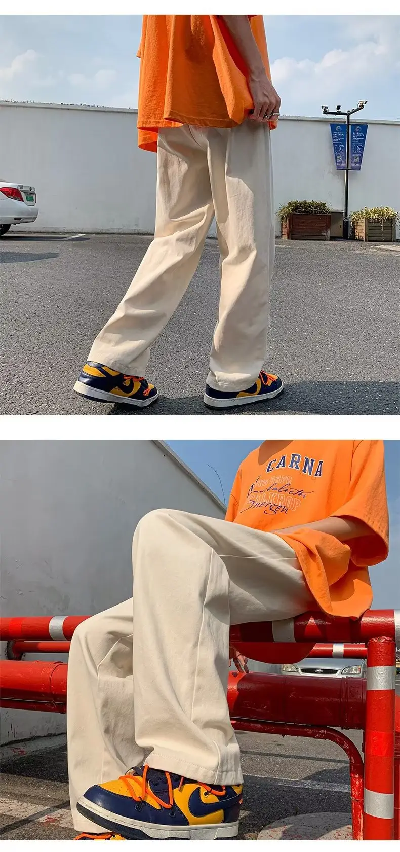 Men's Thin White Sports Pants with Orange Sneakers — feature 1