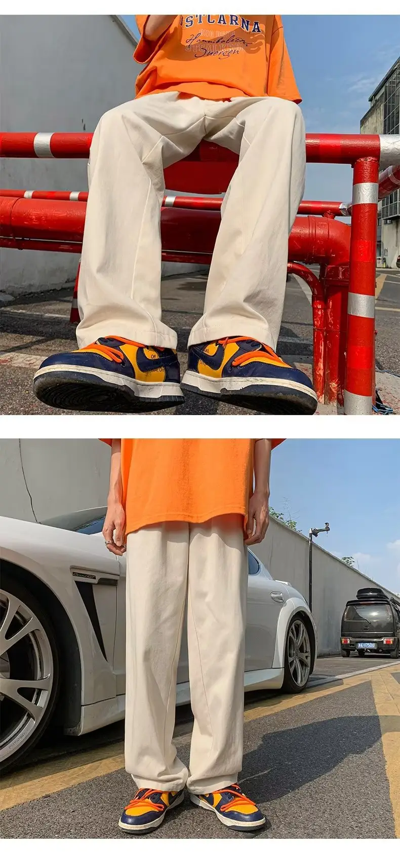 Men's Thin White Sports Pants with Orange Sneakers — feature 2
