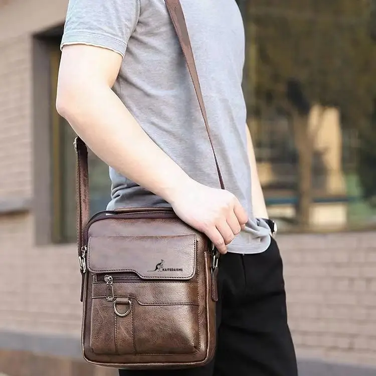 Men's Waterproof Shoulder Bag Brown Leather Large Capacity - Image 4