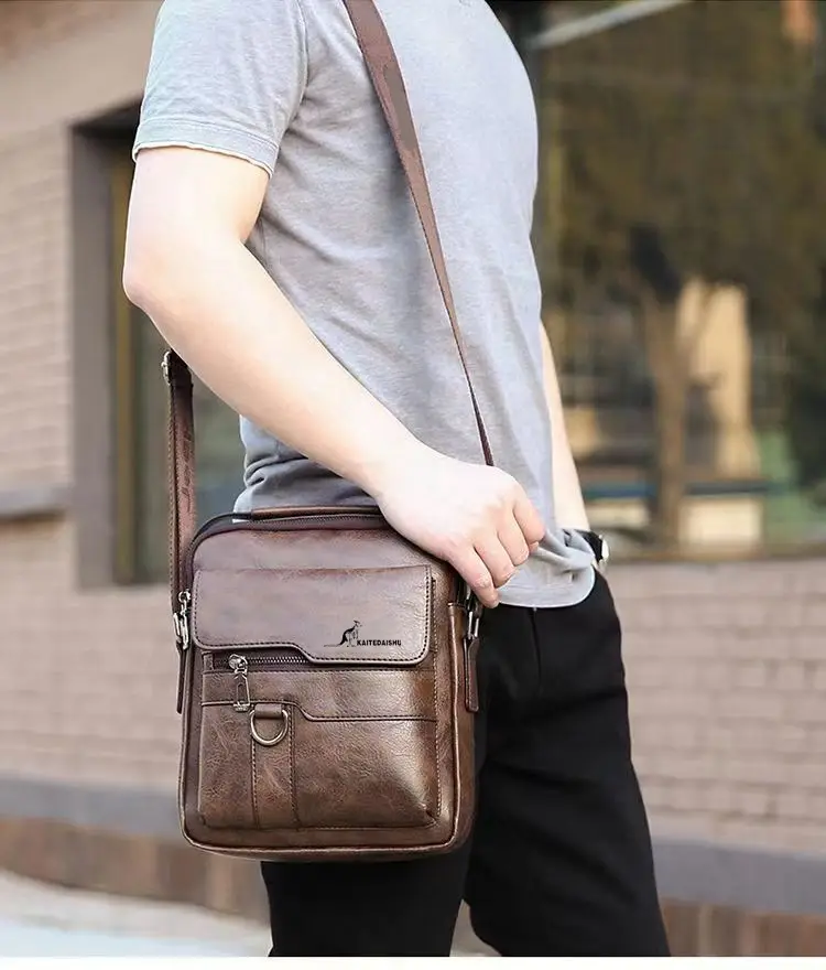 Men's Waterproof Shoulder Bag Brown Leather Large Capacity — feature 4