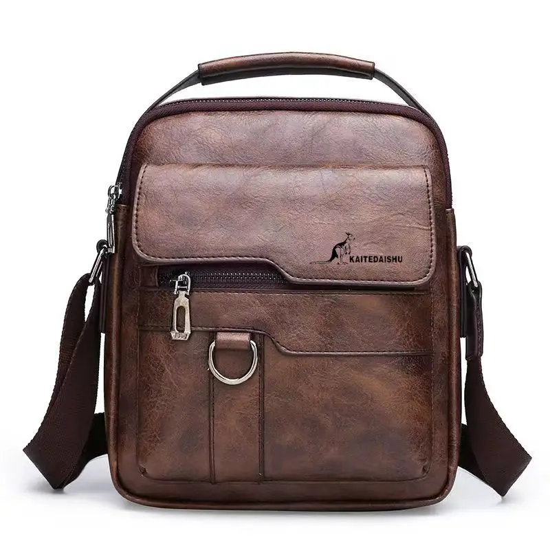 Men's Waterproof Shoulder Bag Brown Leather Large Capacity - Image 2