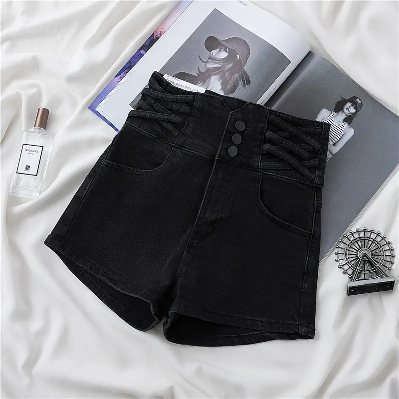 Women Cross Design High Waist Denim Shorts Blue - Image 2