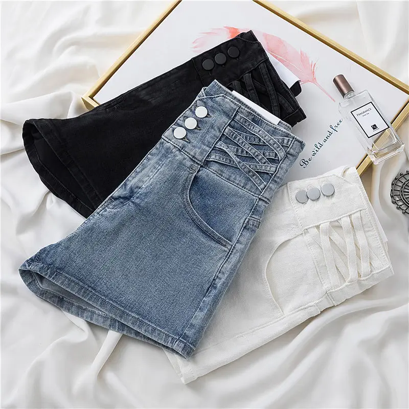 Women Cross Design High Waist Denim Shorts Blue - Image 4