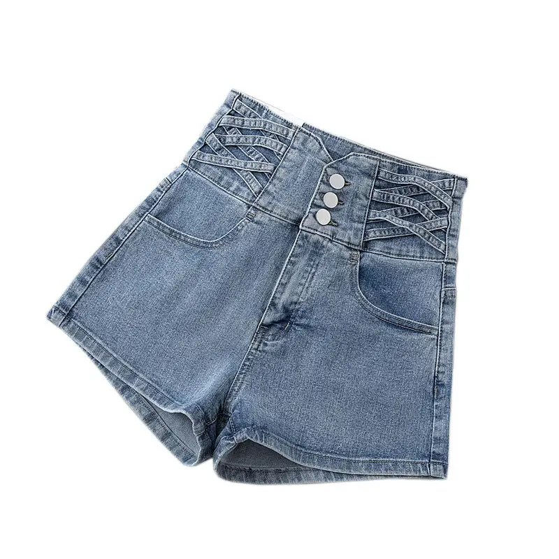 Women Cross Design High Waist Denim Shorts Blue - Image 5