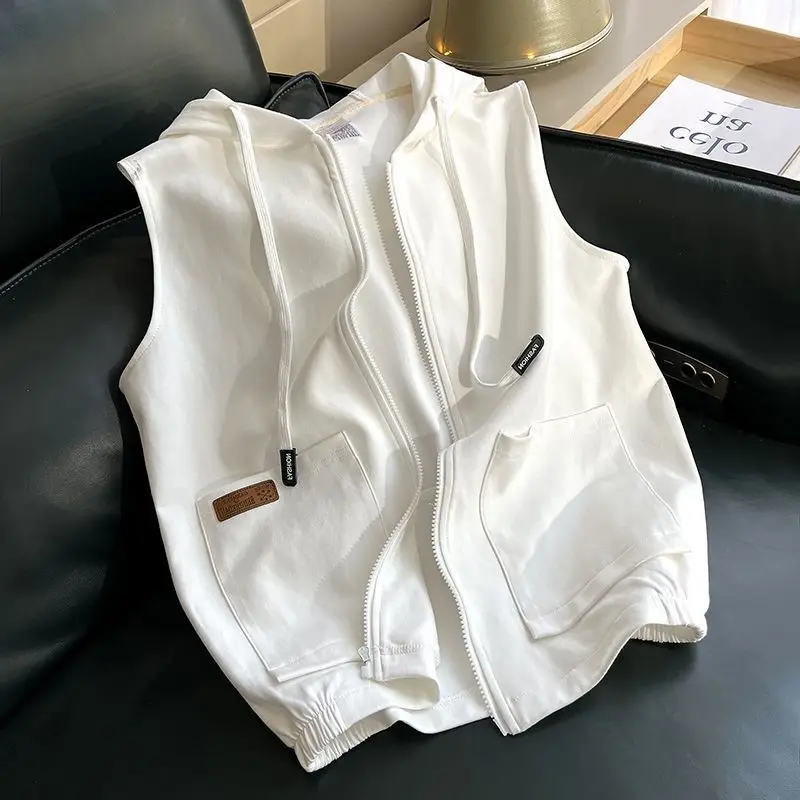 Women Grey White Layered Zipper Vest Sweatshirt - Image 3
