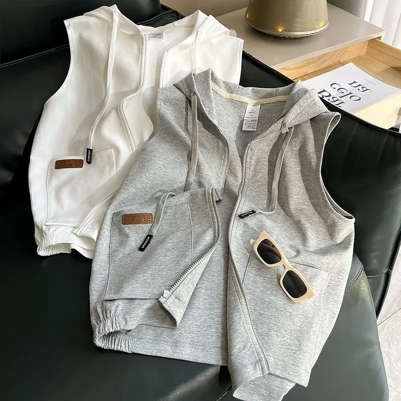Women Grey White Layered Zipper Vest Sweatshirt - Image 4