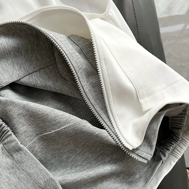 Women Grey White Layered Zipper Vest Sweatshirt - Image 5
