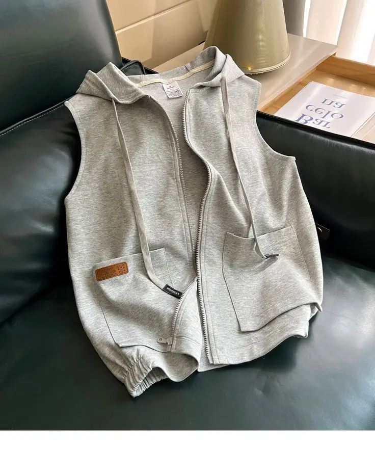 Women Grey White Layered Zipper Vest Sweatshirt — feature 3