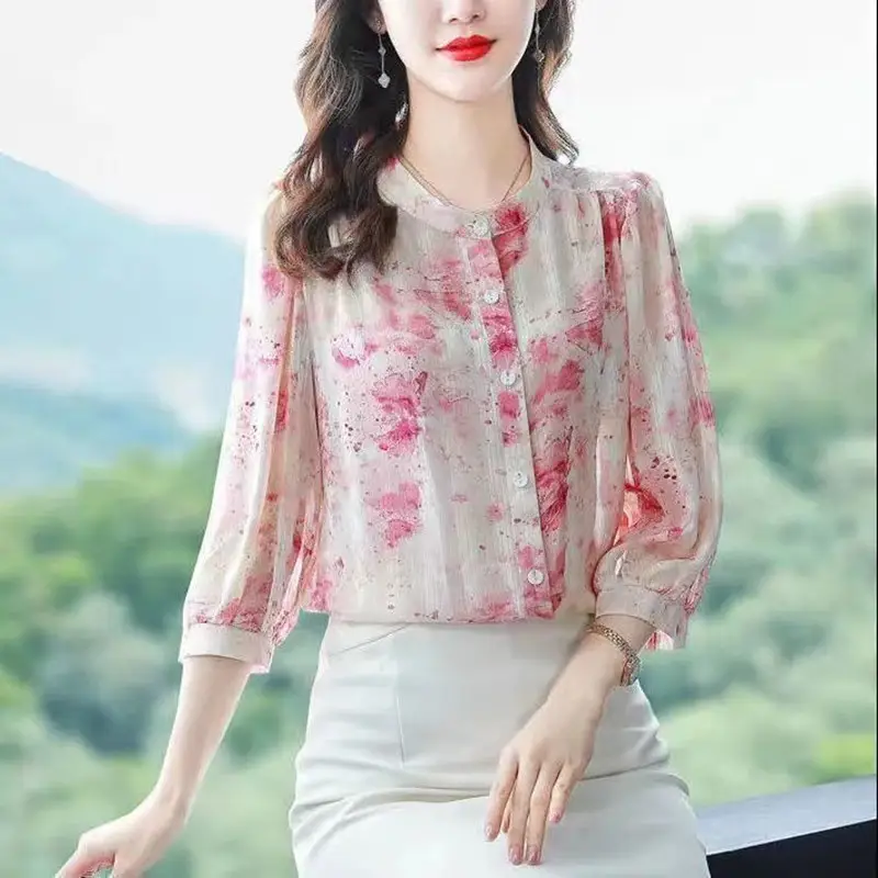 Women's Green Floral 7Pc Sleeve Top Large - Image 3