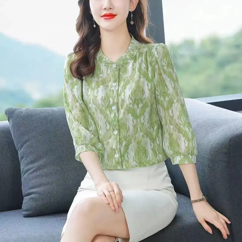 Women's Green Floral 7Pc Sleeve Top Large - Image 4