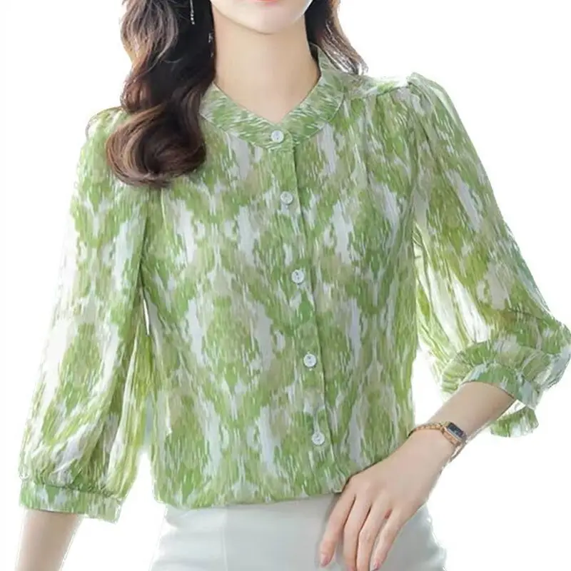 Women's Green Floral 7Pc Sleeve Top Large - Image 6