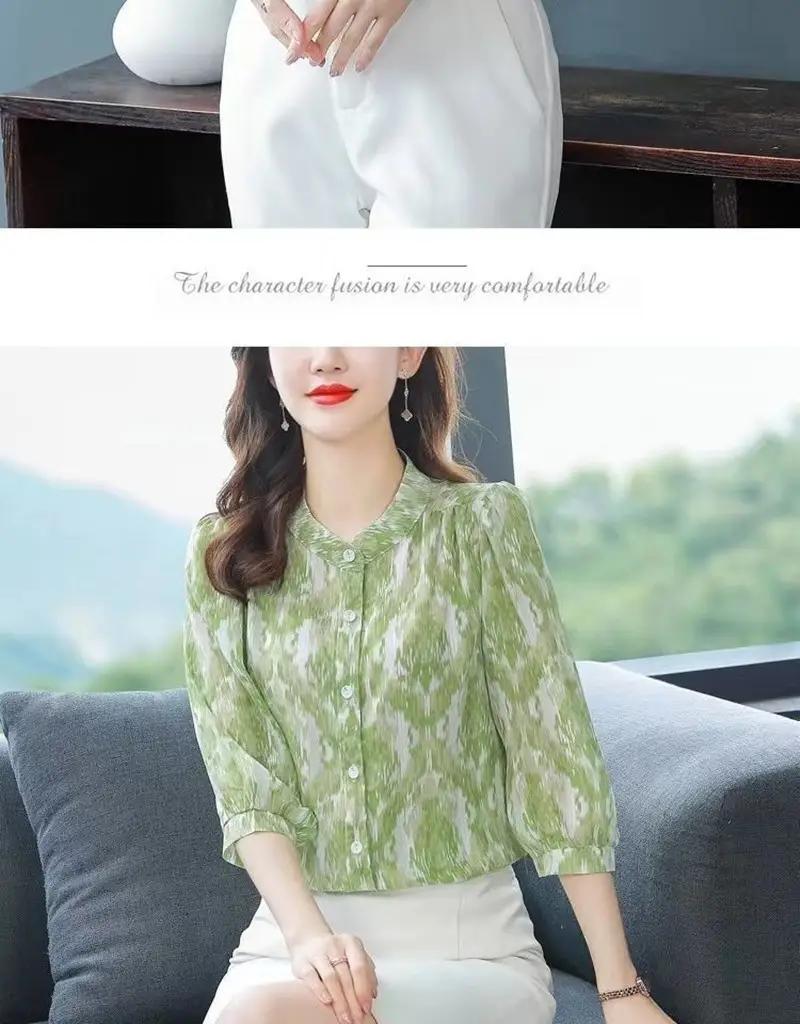 Women's Green Floral 7Pc Sleeve Top Large — feature 15