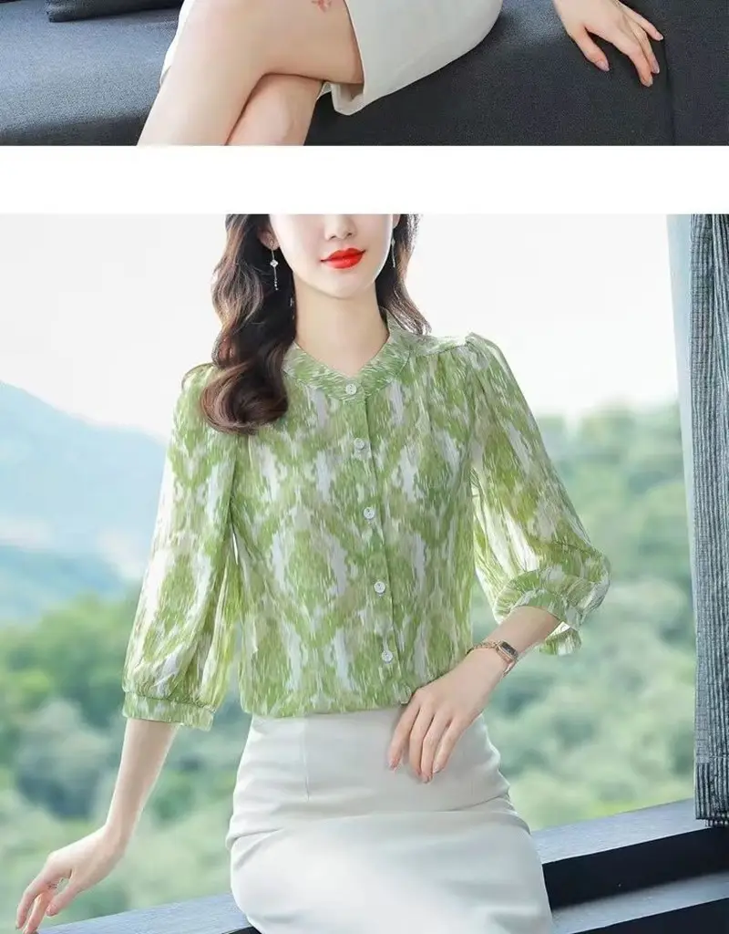 Women's Green Floral 7Pc Sleeve Top Large — feature 16