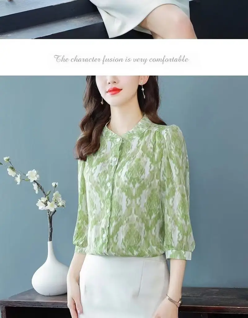 Women's Green Floral 7Pc Sleeve Top Large — feature 17
