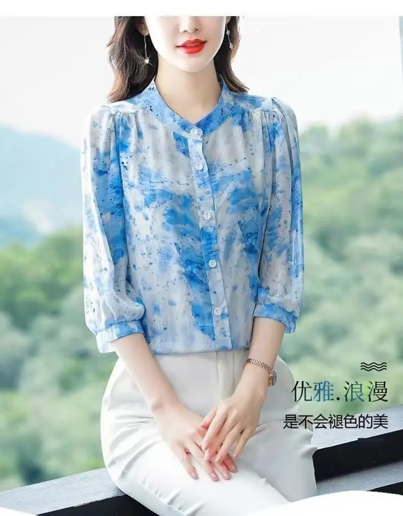 Women's Green Floral 7Pc Sleeve Top Large — feature 3