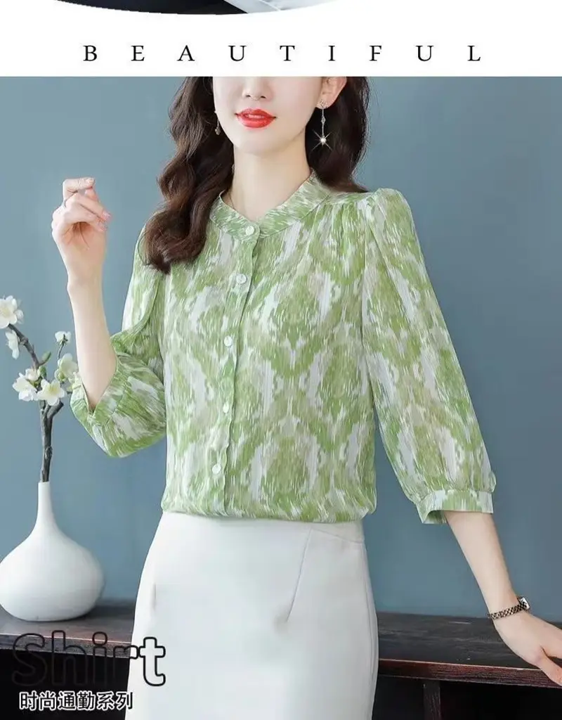 Women's Green Floral 7Pc Sleeve Top Large — feature 4