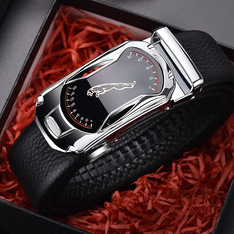 Men's Black Leather Belt with Silver Watch Band - Image 2