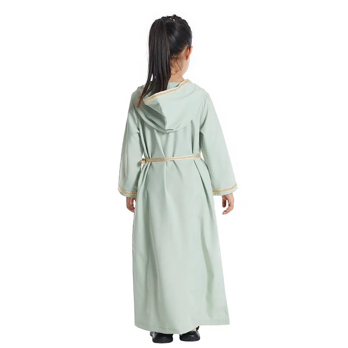 Girls Green Hooded Kurta Set with Belt