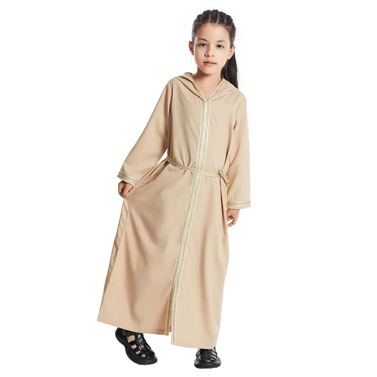 Girls Green Hooded Kurta Set with Belt
