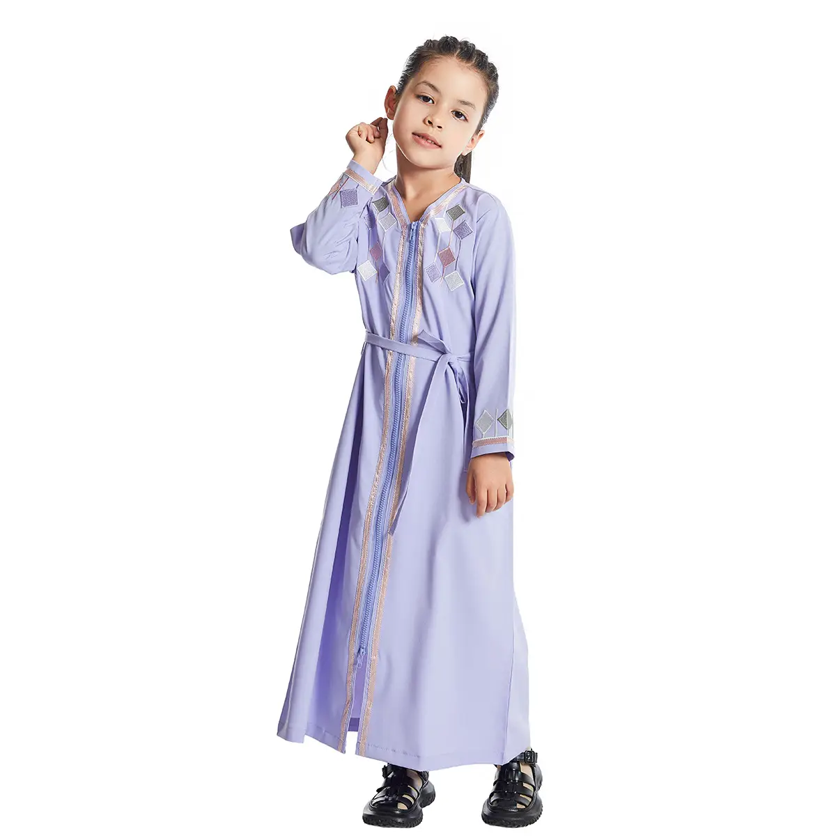Embrroided Girls Dress Light Purple Long Sleeve