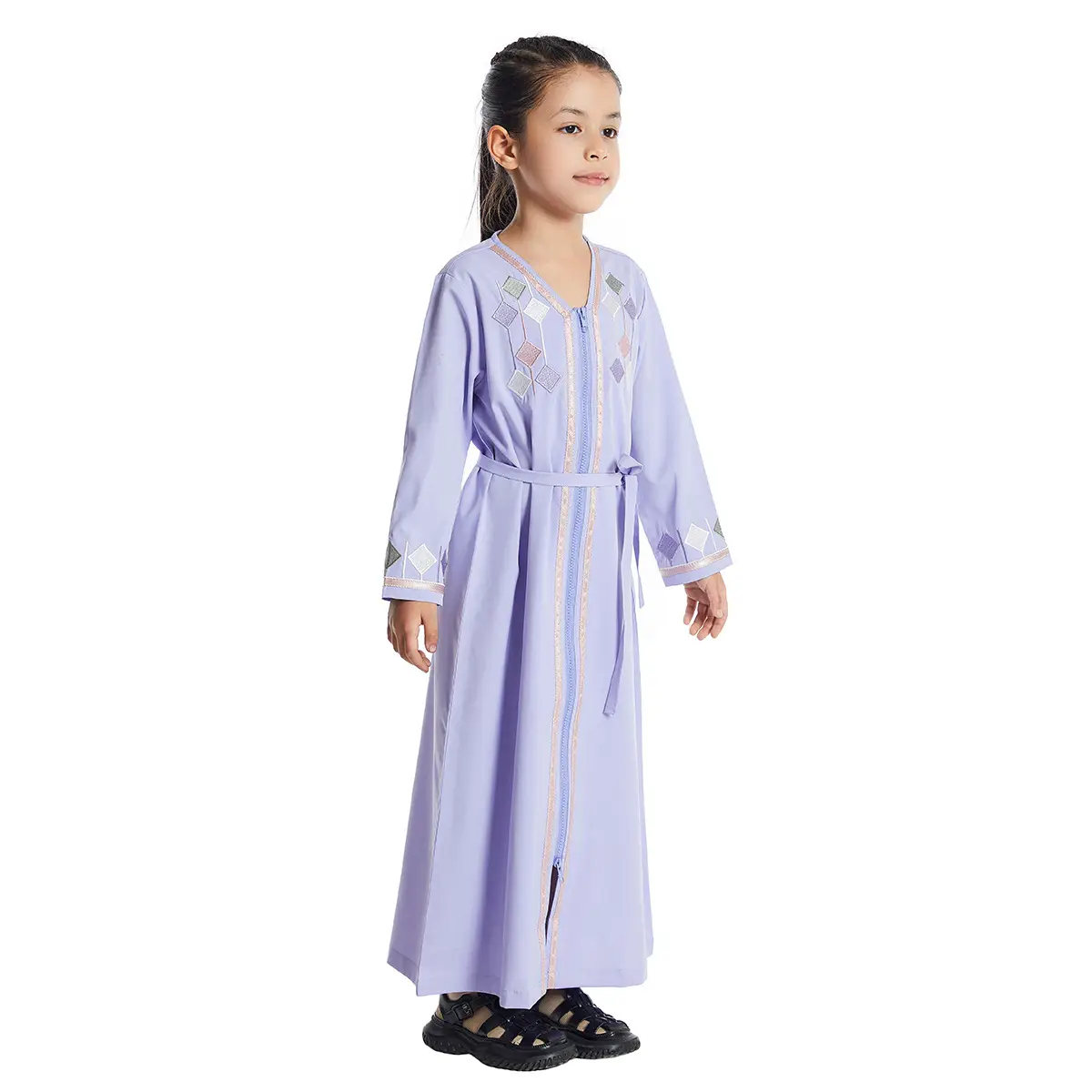 Embrroided Girls Dress Light Purple Long Sleeve