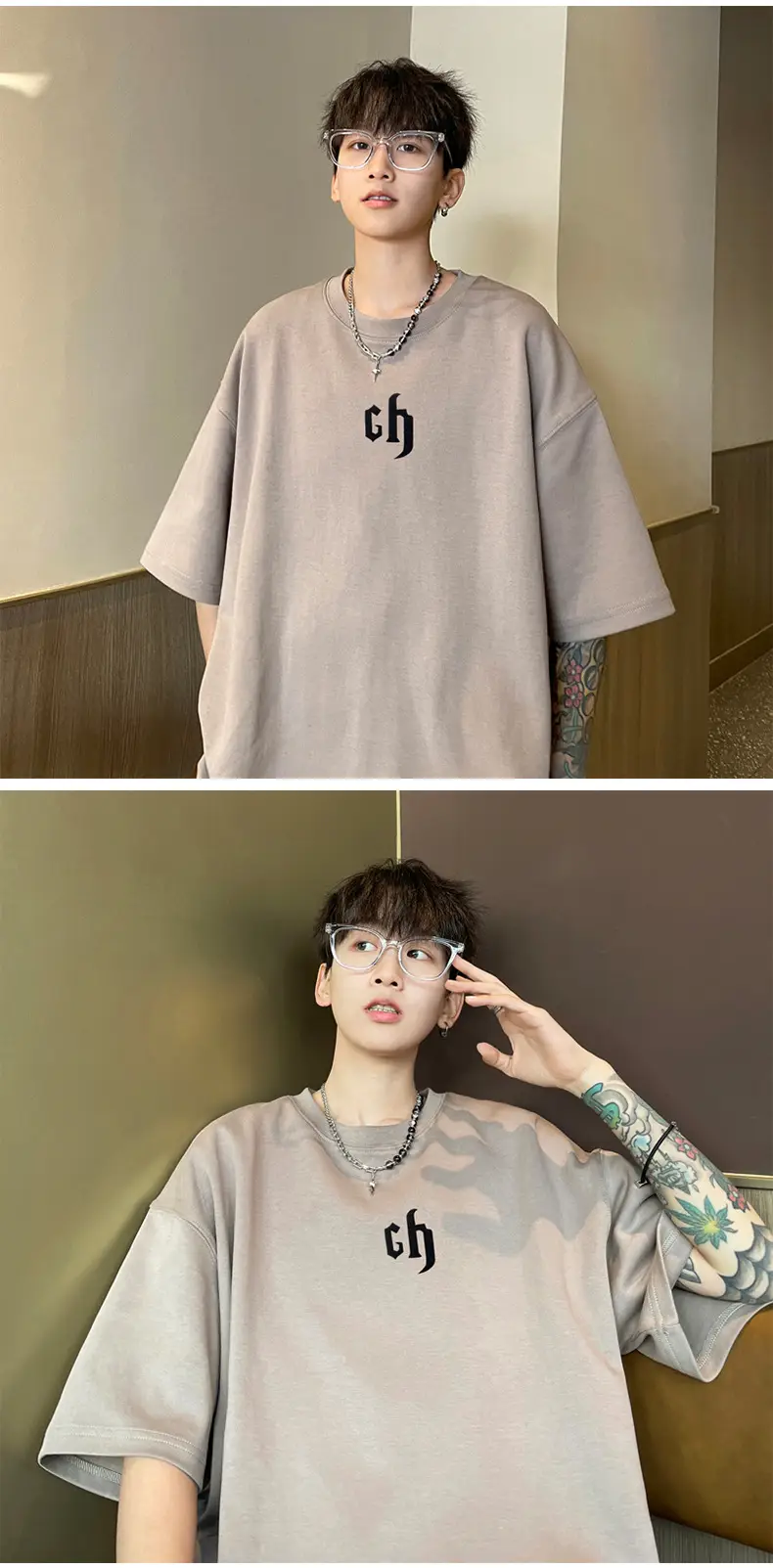 Men's Short Sleeve Cotton T-Shirt Grey Heavyweight Summer — feature 12