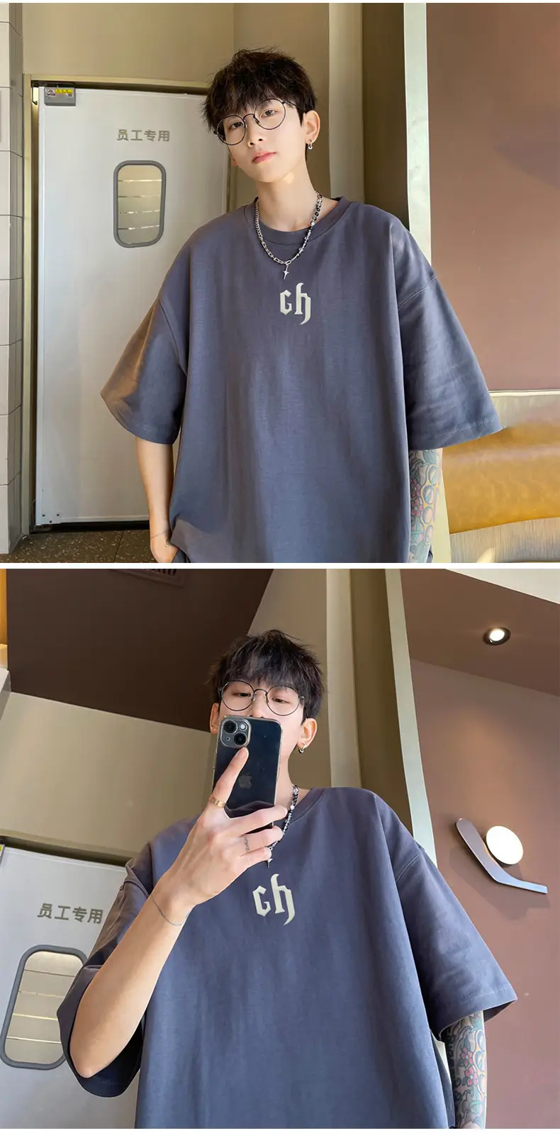 Men's Short Sleeve Cotton T-Shirt Grey Heavyweight Summer — feature 14