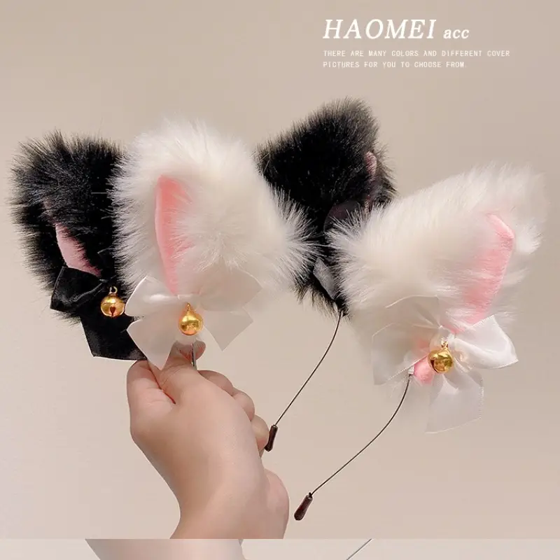 Black Faux Fur Cat Ears Bell Headband Set - Image 14