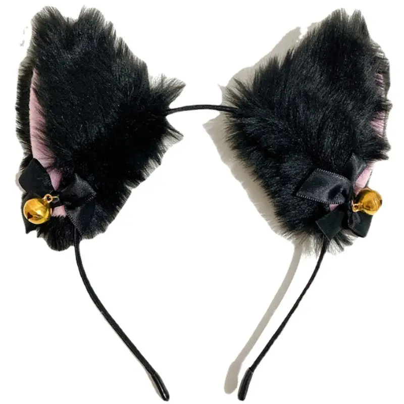 Black Faux Fur Cat Ears Bell Headband Set - Image 16
