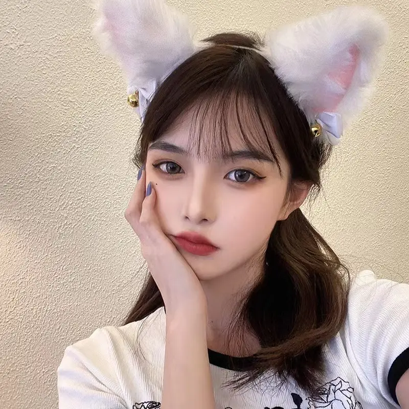 Black Faux Fur Cat Ears Bell Headband Set — feature 3
