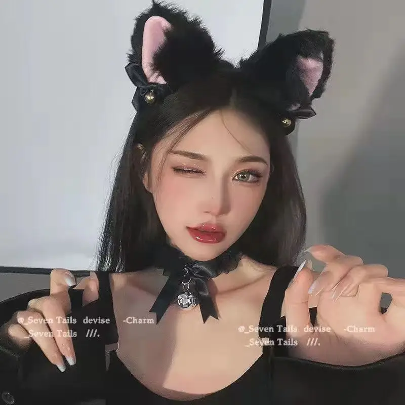 Black Faux Fur Cat Ears Bell Headband Set — feature 4