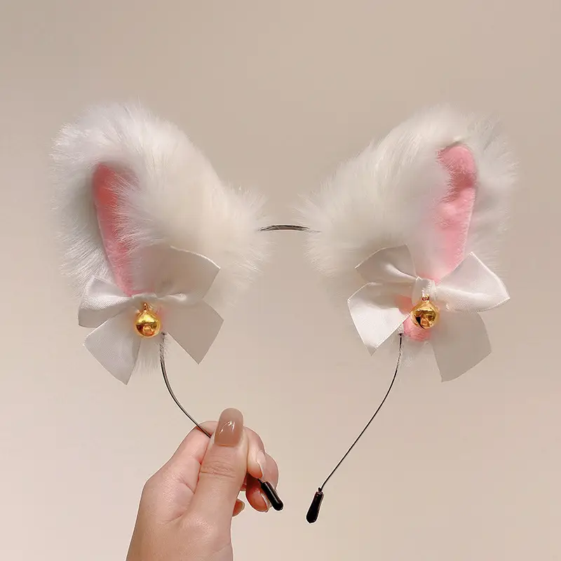 Black Faux Fur Cat Ears Bell Headband Set - Image 2
