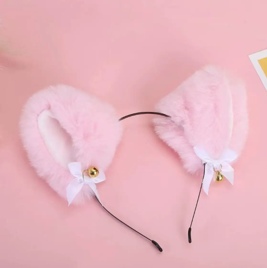 Black Faux Fur Cat Ears Bell Headband Set - Image 3