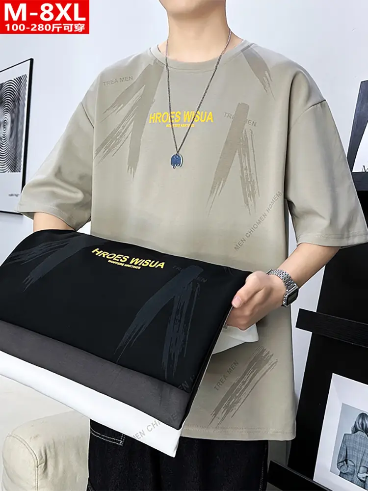 Men Printed T-Shirt Fat Plus Size Loose Sleeve Summer - Image 9