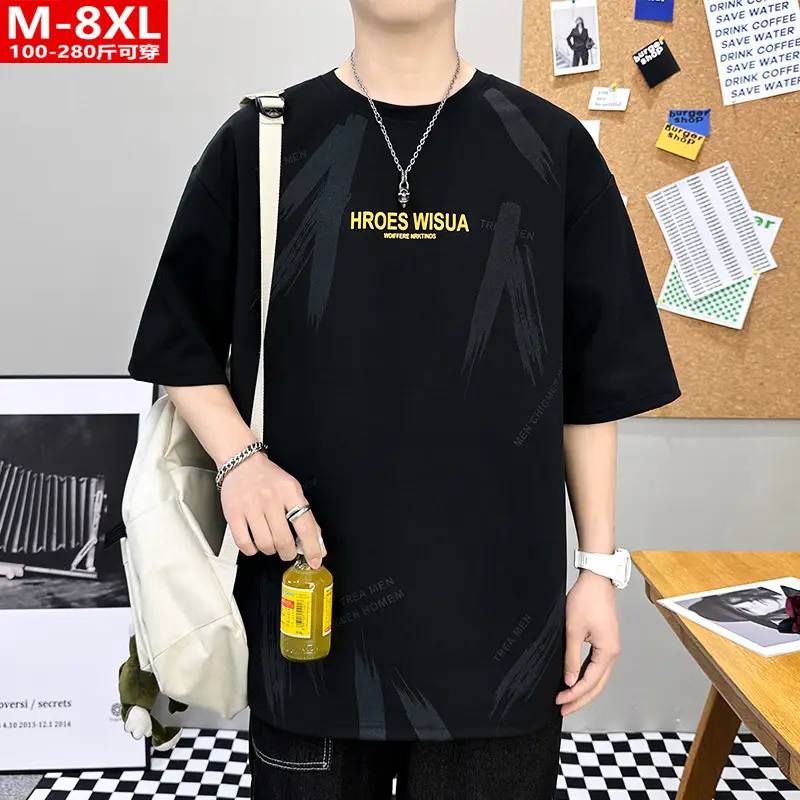 Men Printed T-Shirt Fat Plus Size Loose Sleeve Summer - Image 2
