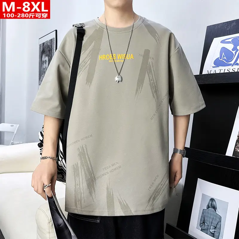 Men Printed T-Shirt Fat Plus Size Loose Sleeve Summer - Image 3