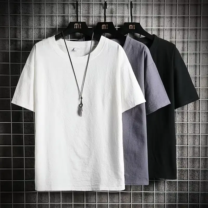 Men Linen Crew Neck T-Shirt Grey Short Sleeve - Image 7