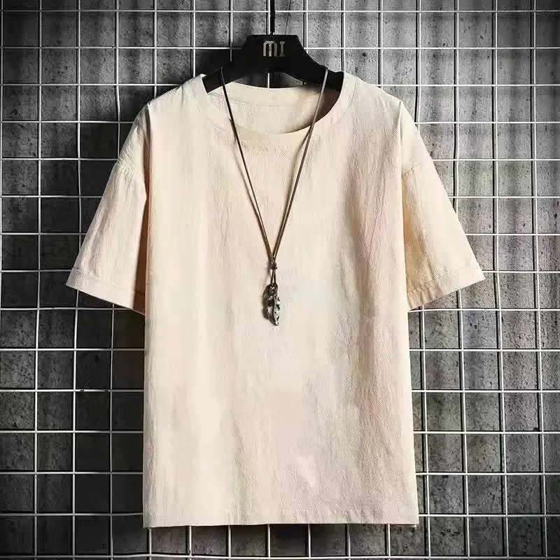 Men Linen Crew Neck T-Shirt Grey Short Sleeve - Image 8
