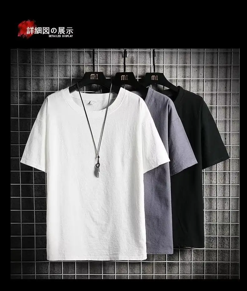 Men Linen Crew Neck T-Shirt Grey Short Sleeve — feature 3