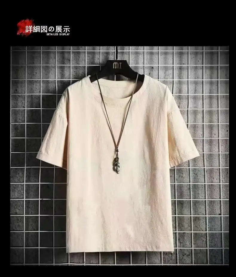 Men Linen Crew Neck T-Shirt Grey Short Sleeve — feature 4