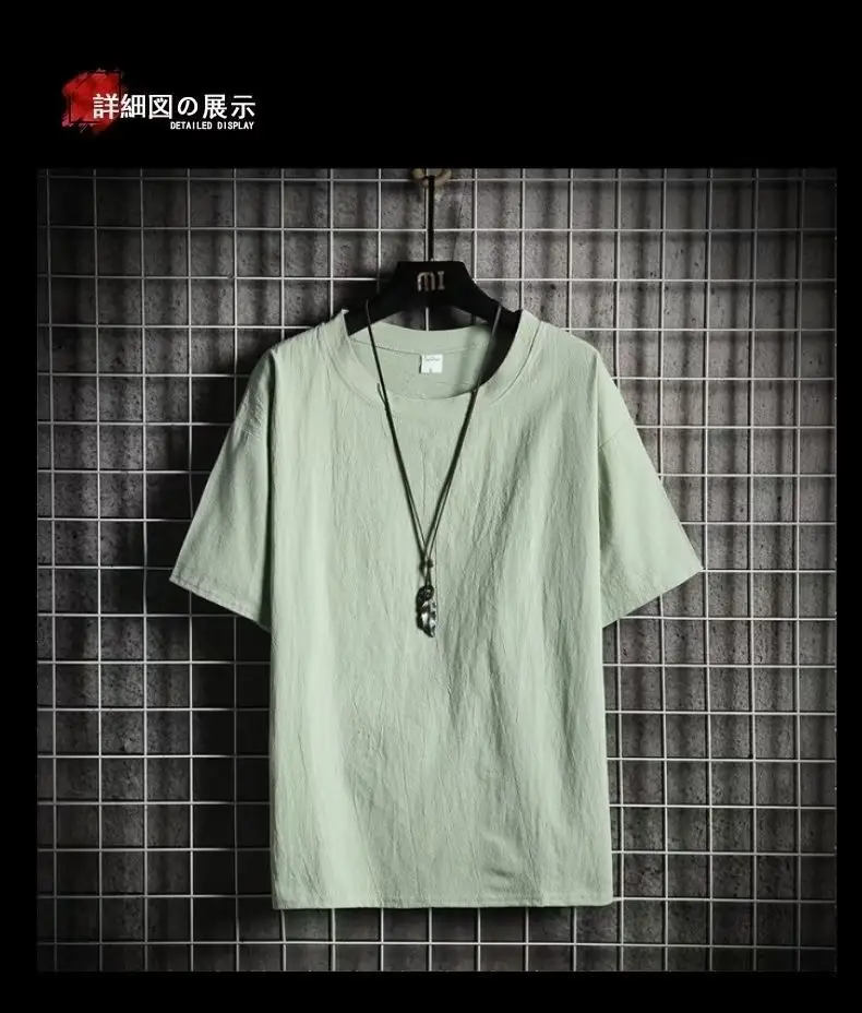 Men Linen Crew Neck T-Shirt Grey Short Sleeve — feature 8