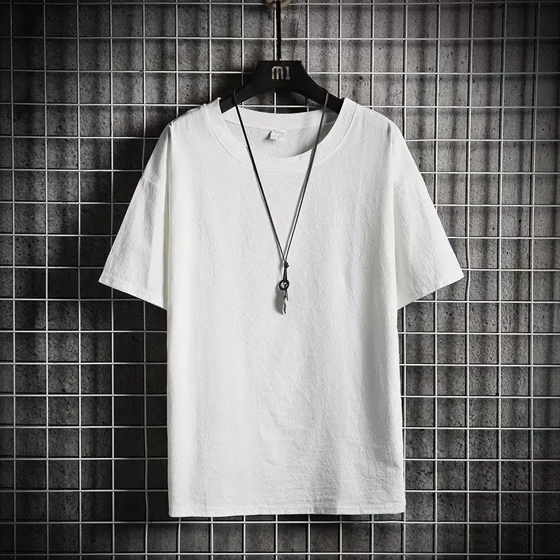 Men Linen Crew Neck T-Shirt Grey Short Sleeve - Image 2