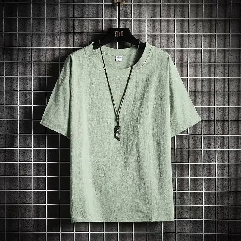 Men Linen Crew Neck T-Shirt Grey Short Sleeve - Image 4
