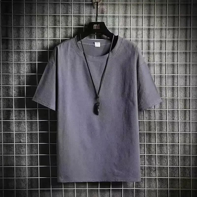 Men Linen Crew Neck T-Shirt Grey Short Sleeve - Image 6