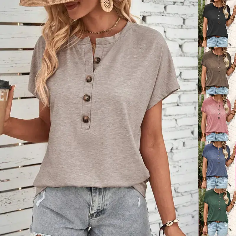 2023 Women Button Short Sleeve T-Shirt Pure Color - Image 7