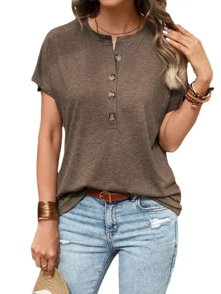 2023 Women Button Short Sleeve T-Shirt Pure Color - Image 11