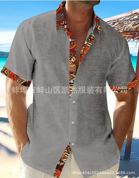 Men White Hawaiian Short Sleeve Cardigan Shirt with Colorful Embroidery - Image 2