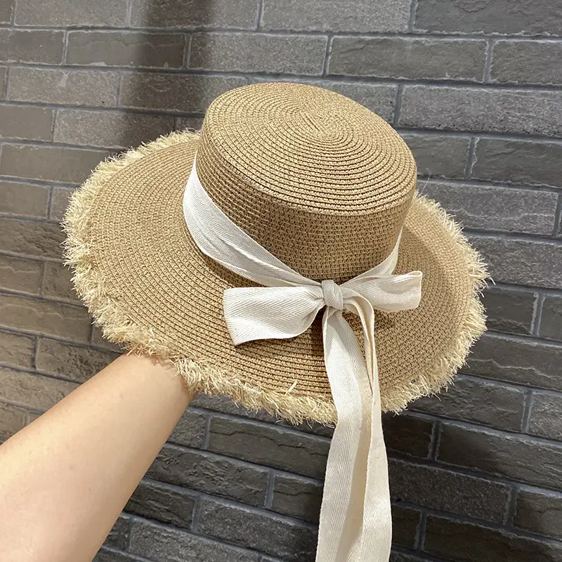 Women Straw Wide Brim Cap Pink Black Bow - Image 6