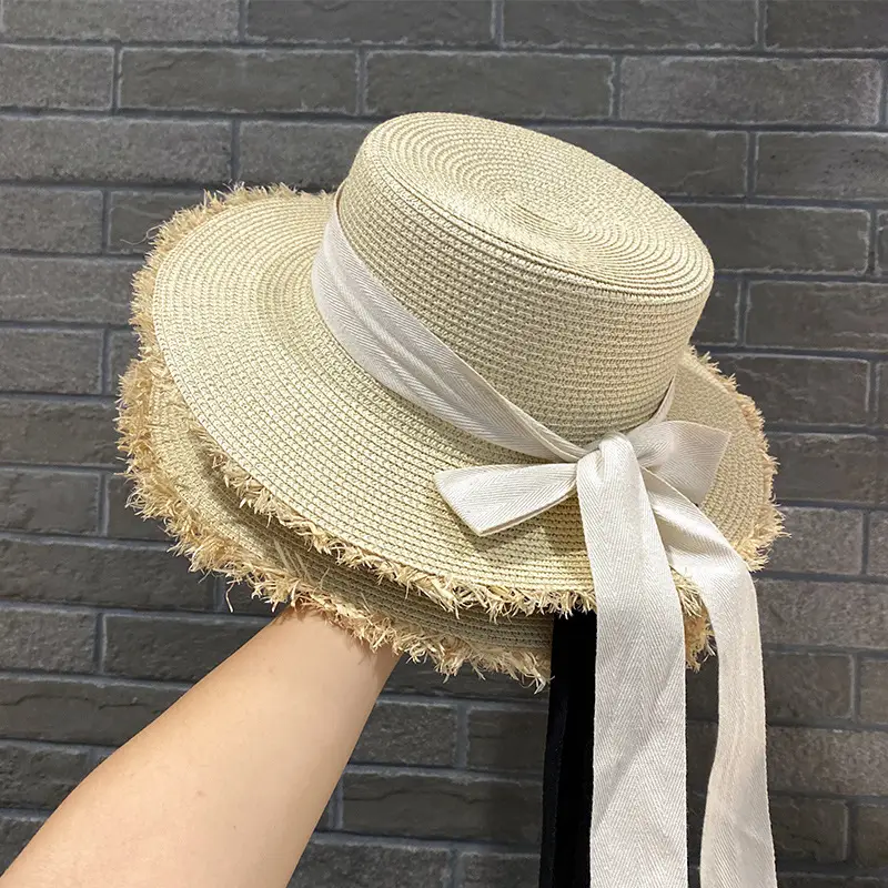 Women Straw Wide Brim Cap Pink Black Bow - Image 7
